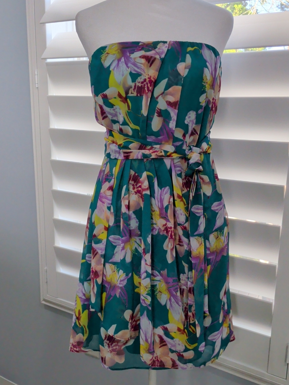 Express Teal Strapless Floral Sundress with Self-Tie Belt
